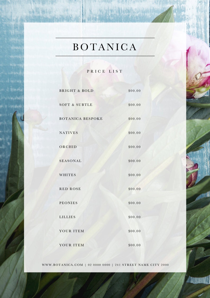 Florist Price List Template Price Guide Downloadable Price List