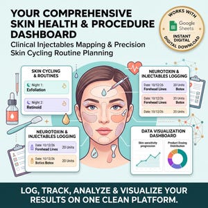May include: A digital dashboard for skin health and procedure tracking featuring an illustration of a face with mapped injection zones. It includes sections for skin cycling routines, neurotoxin logging, and data visualization charts for tracking.