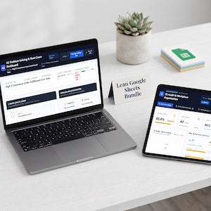 May include: A laptop and a tablet displaying digital dashboards for A3 Problem-Solving and 5S Audit, with a small sign reading Lean Google Sheets Bundle, a stack of sticky notes with a green spreadsheet icon, and a potted succulent plant.