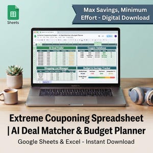 May include: A laptop displaying an Extreme Couponing System spreadsheet with sections for an AI Deal Finder, Coupon Database, Shopping List Manager, and Budget & Savings Tracker. The screen shows tables, data, and charts for financial planning.