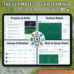 Könnte beinhalten: Ein digitaler Tablet-Bildschirm mit The Ultimate Soccer Team Hub Coach & Team Mom Bundle. Die Benutzeroberfläche ist in vier Bereiche unterteilt: Practice & Drills, Tactical Match, Lineups & Rotation und Stats & Spray Charts, mit einem zentralen Live Data-Symbol.