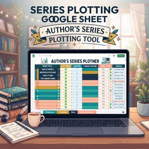 May include: A digital series plotting Google Sheet displayed on a laptop screen, titled Author's Series Plotner. The spreadsheet includes columns for book title, plot point, chapter, character arc, word count, and status, with a stack of books nearby.