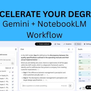 May include: A digital interface showing a Gemini and NotebookLM workflow with the text ACCELERATE YOUR DEGREE Gemini + NotebookLM Workflow. The screen displays a chat window discussing the GAP model, a sources sidebar, and a studio panel with tools.