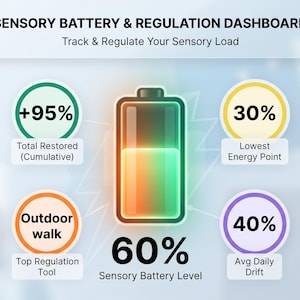 Pode incluir: Um gráfico Sensory Battery & Regulation Dashboard com um ícone de bateria central com 60% de carga. Quatro pontos de dados circulares rodeiam-no: +95% Total Restored, 30% Lowest Energy Point, Outdoor walk como Top Regulation Tool e 40% Avg Daily Drift.