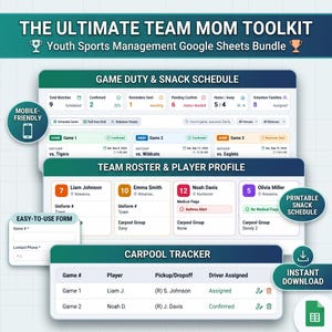 May include: A digital toolkit titled The Ultimate Team Mom Toolkit Youth Sports Management Google Sheets Bundle. It features a game duty and snack schedule, a team roster and player profile, a carpool tracker, and an easy-to-use form.