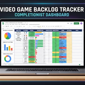 May include: A laptop displaying a Video Game Backlog Tracker Completionist Dashboard in Google Sheets. The screen shows a spreadsheet with game titles, platforms, status, progress bars, hours played, and ratings, alongside colorful pie and bar charts.