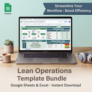 May include: A laptop displaying a Lean Operations Template Bundle in Google Sheets, featuring sections for Value Stream Mapping, 5S Workplace Audit, Root Cause Analysis, and Kanban Inventory Status. The screen text reads Streamline Your Workflow - Boost Efficiency.
