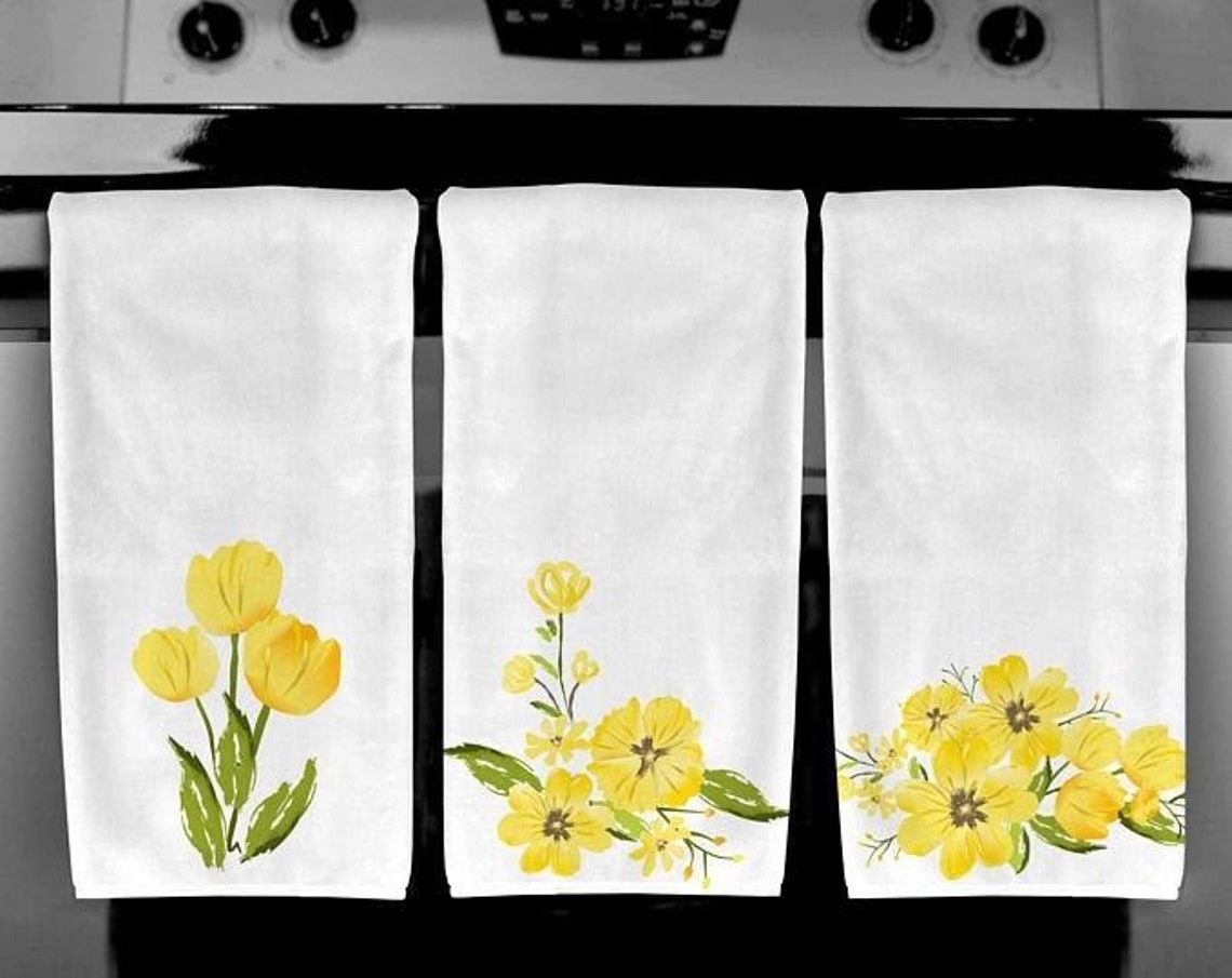 Yellow Flowers Kitchen Towels set of 3 Etsy