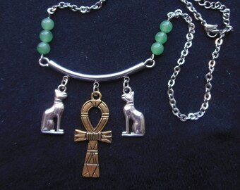 Egyptian cat necklace, Ankh cross jewelry