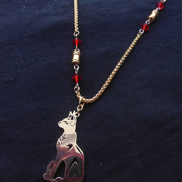 Collier pendentif chat égyptien, bijou Bastet doré avec cristal ou pierre fine