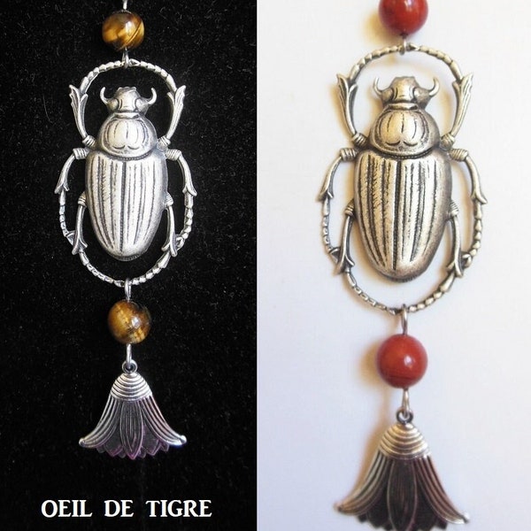 Pendentif scarabée argenté, bijoux égyptiens pierres semi précieuses
