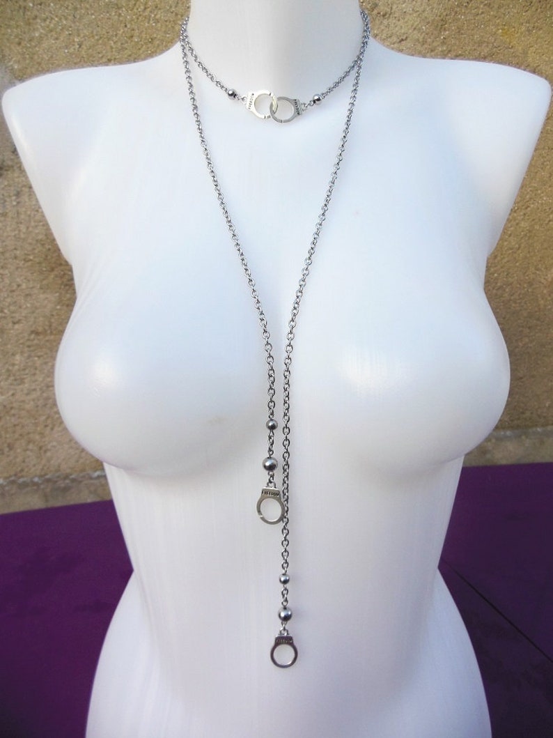 2 styles in 1 versatile hypoallergenic piece Handcuffs necklace with long steel chain