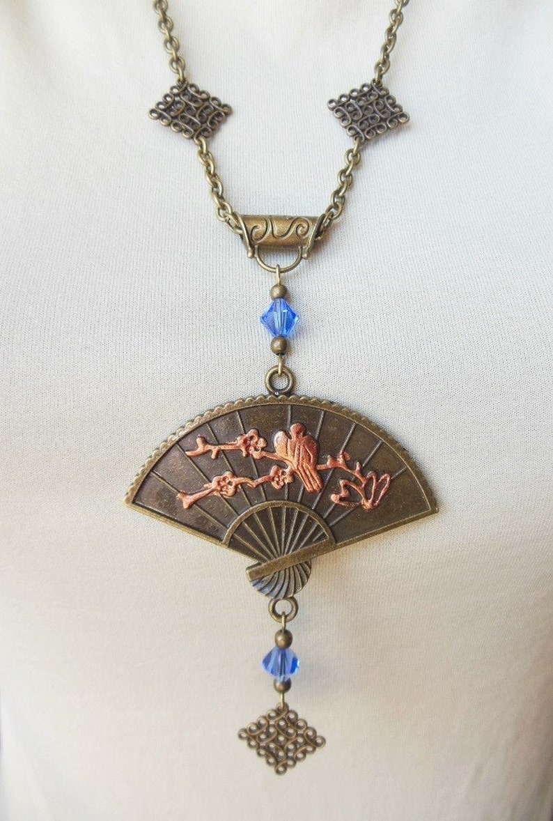 Chinese Fan Necklace Asian Pendant With Handpainted Birds Etsy