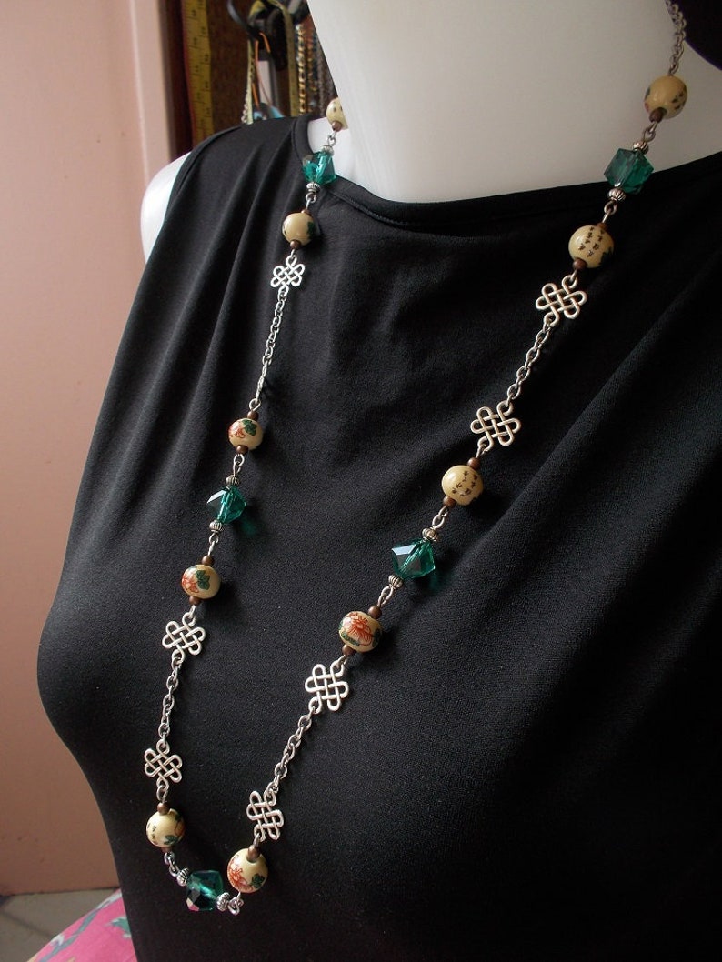 Chinois Cristal Céramique Necklace Avec JewelryPorcelain Asian Vert Émeraude Collier 78cmPerles CalligraphieNoeuds ChinoisChinese uPkTOXZi