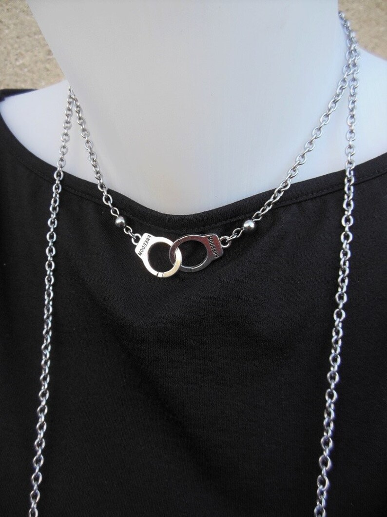 2 styles in 1 versatile hypoallergenic piece Handcuffs necklace with long steel chain