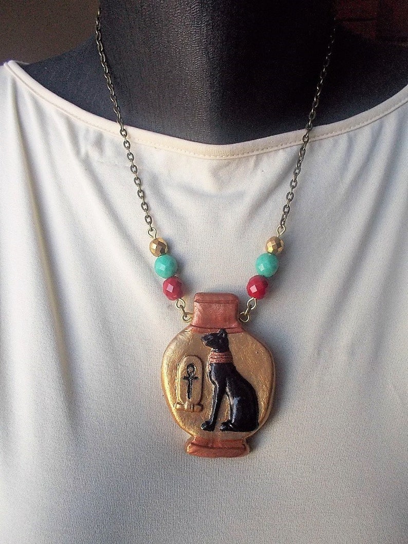Goddess Bastet Pendant, Egyptian Black Cat Necklace, Polymer Jewelry