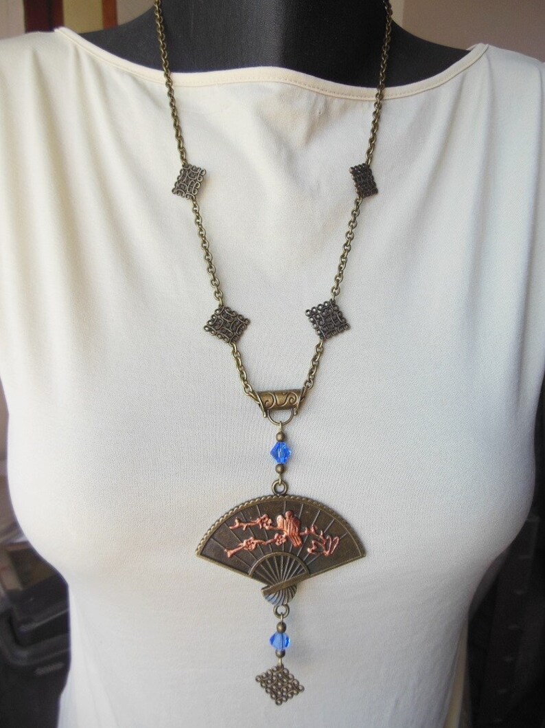 Chinese Fan Necklace Asian Pendant With Handpainted Birds Etsy