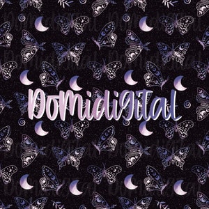 May include: A seamless pattern featuring a dark purple background with white butterflies and crescent moons. The butterflies have intricate designs and the moons are outlined in white. The text "Domidigital" is written in a white, cursive font.