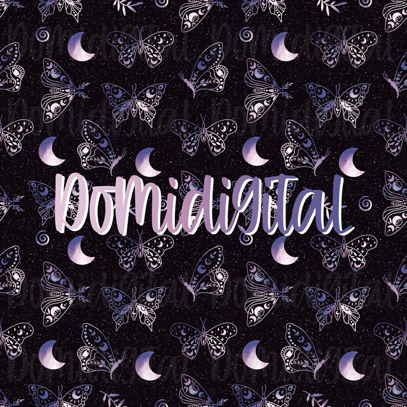 May include: A seamless pattern featuring a dark purple background with white butterflies and crescent moons. The butterflies have intricate designs and the moons are outlined in white. The text "Domidigital" is written in a white, cursive font.