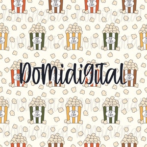 May include: A seamless pattern featuring cartoon illustrations of popcorn in red, orange, yellow, green, and brown striped containers. The background is a light cream color with scattered white popcorn kernels.