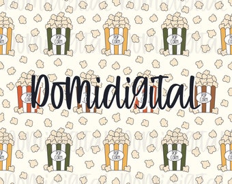 May include: A seamless pattern featuring cartoon illustrations of popcorn in red, orange, yellow, green, and brown striped containers. The background is a light cream color with scattered white popcorn kernels.