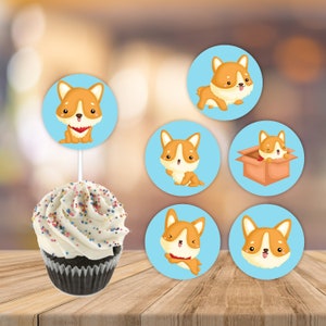 Cute corgi cupcake toppers birthday digital download printable party dog dogs animal Pawty