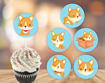 Cute corgi cupcake toppers birthday digital download printable party dog dogs animal Pawty