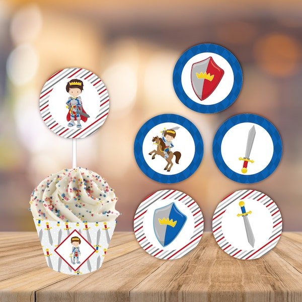 Knights cupcake toppers birthday digital download printable boys red blue gray