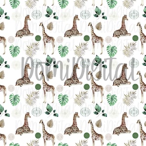 May include: A seamless pattern featuring watercolor illustrations of giraffes, tropical leaves, and abstract shapes in shades of green, brown, and beige on a white background.