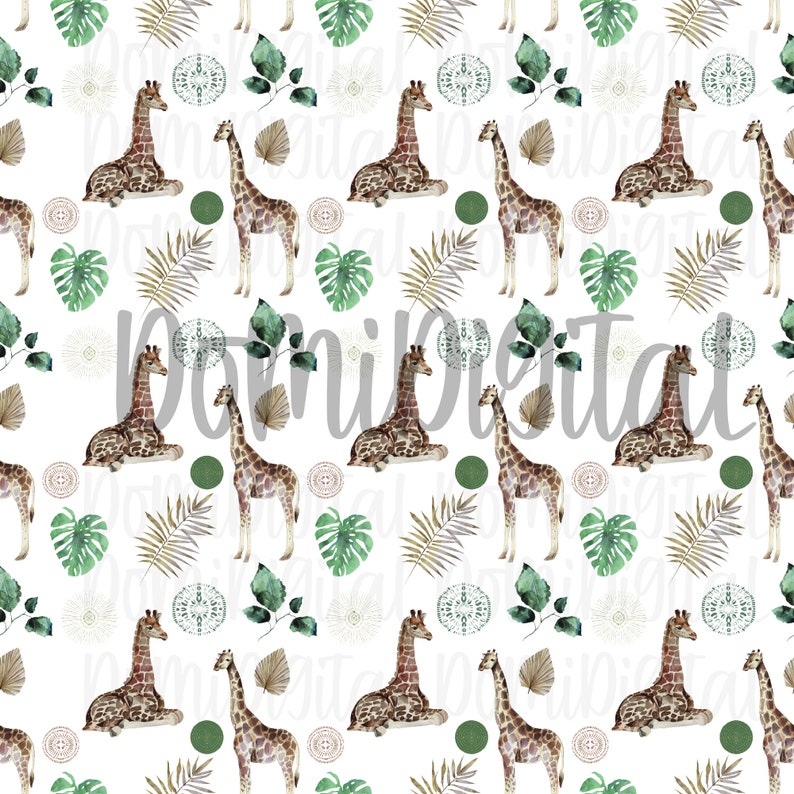 May include: A seamless pattern featuring watercolor illustrations of giraffes, tropical leaves, and abstract shapes in shades of green, brown, and beige on a white background.