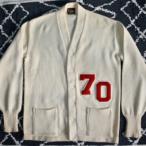 Vtg 60s Bush-Callahan Levi Strauss Bldg Crema Punto Lana College Varsity '70' Carta Suéter Cardigan Ivy League M 42