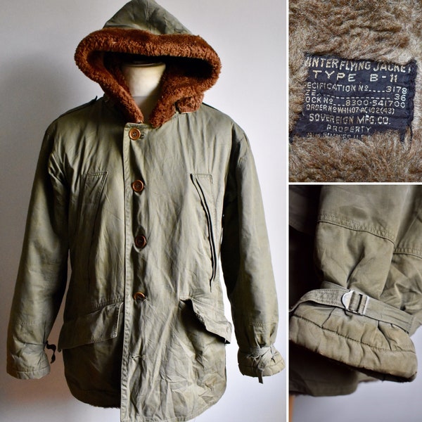 Vtg 1943 WW2 US Army Air Forces USAAF Type B-11 Alpaca Lined Flight Parka Deck Coat Jacket B-9 Military Sovereign MFG Co Size 36