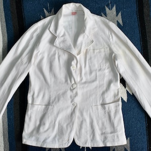 Chaqueta blazer vintage de lino y algodón sanforizado blanco Oates, años 40 y 50, con botones para uniforme militar del ejército estadounidense, para mujer, 14/16, busto de 42 pulgadas
