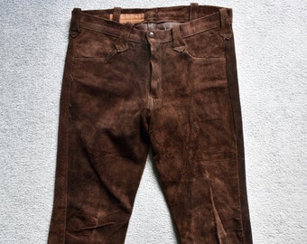 Vtg 60s 70s East West Musical Instruments Brown Suede Leather Flared Bell Bottom Pants Trousers Hippie Boho Rocker W32 L31.5