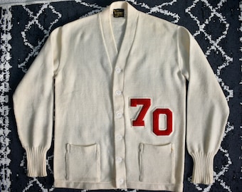 Vtg 60s Bush-Callahan Levi Strauss Bldg Cream Knit Wool College Varsity &#39;70&#39; Letter Sweater Cardigan Ivy League M 42