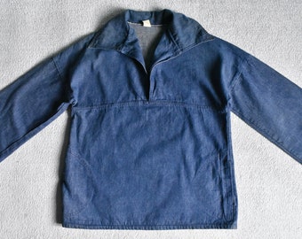 Vtg 60s 70s US Navy Blue Denim Shawl Collar Pullover Jumper Painters Jacket Crackerjack Sailor Military M/L