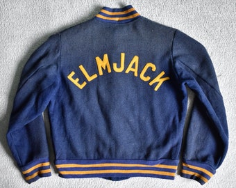 Vtg 60s ELMJACK Little League Blue Wool Chain Stitched Baseball Varsity Style Jacket Empire Sporting Goods Kids L Mens XS