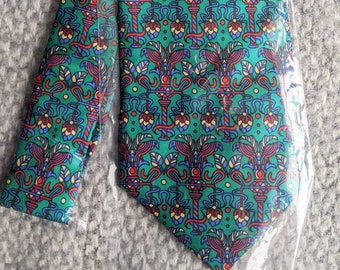 NOS Vtg 70s Paul Salgo Harrods Pure Silk Turquoise Indian Asian Print Tie Deadstock