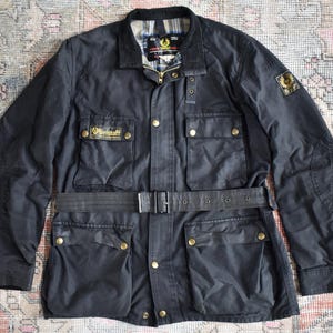 VTG 80s Belstaff Roadmaster II zwarte gewaxte katoenen motorjas jas gemaakt in Engeland Groot VK/VS 44