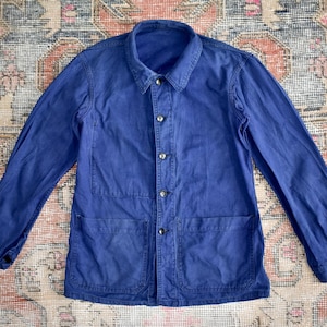 Giacca da lavoro in cotone indaco francese vintage anni &#39;70, modello 38/40