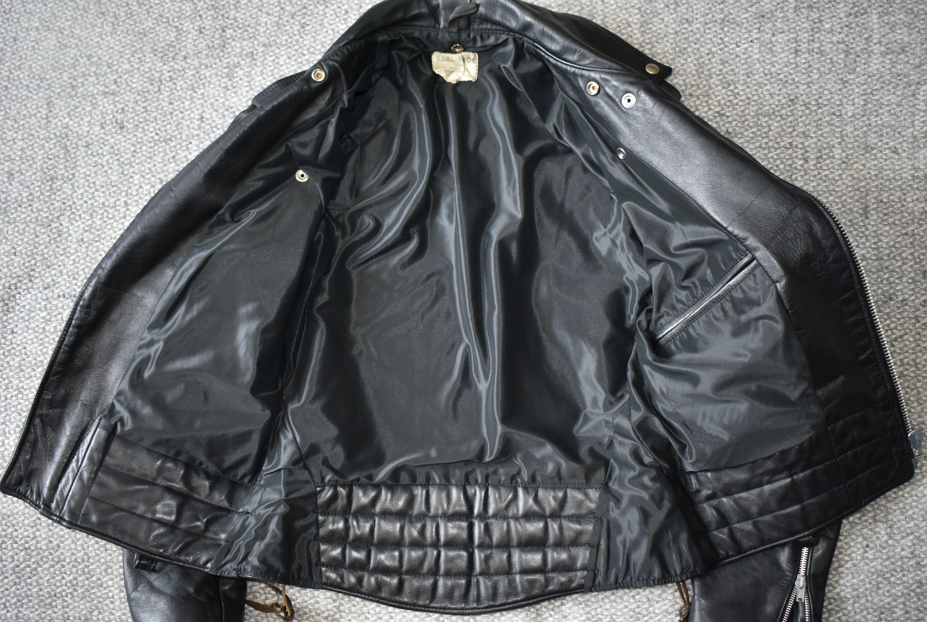 Vtg 60s 70s British Black Real Hide Leather Motorcycle Biker