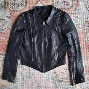 Vtg 60s 70s Black Leather Punky Zip Design Biker Jacket Clix Zip