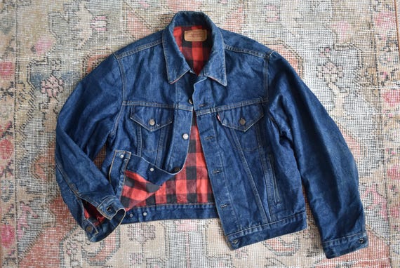 Vtg 80s Levi's 70411 Dark Blue Denim Buffalo Plaid Flannel Lined