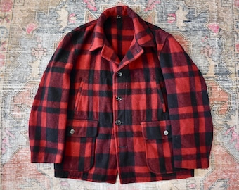 Vtg 1930s Malone Coat J.O Ballard Red & Black Buffalo Plaid Mackinaw Wolle Jagdjacke L