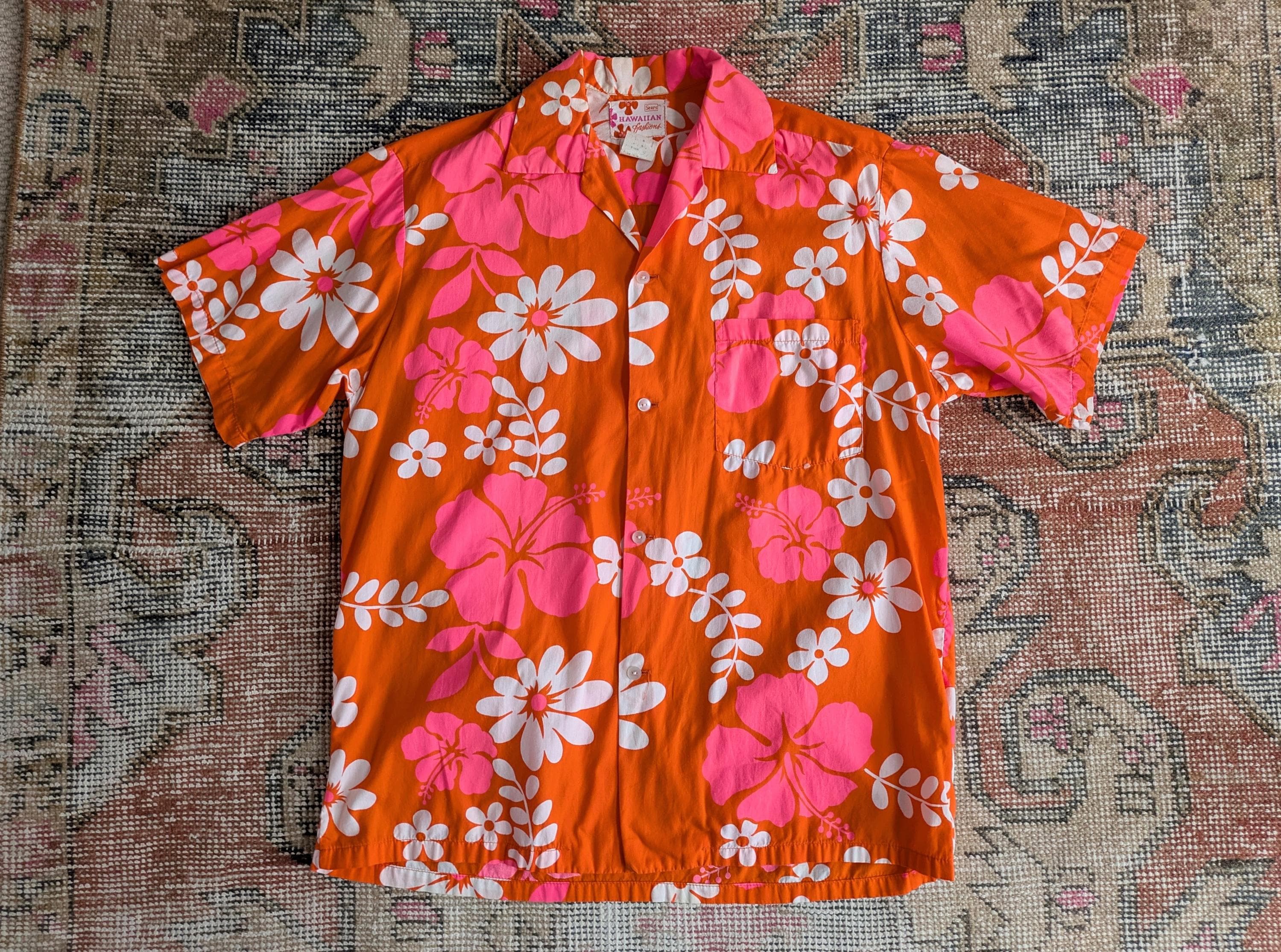 Vtg 60s 70s Sears Hawaiian Fashions Vibrant Orange & Pink Flower