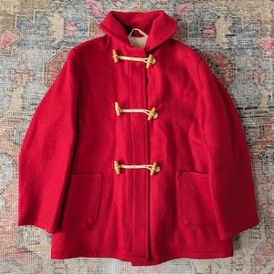 Vtg 50s 60s English Red Wool Toggle Button Duffle Coat Jacket Riding Hood Women&#39;s UK 14/16