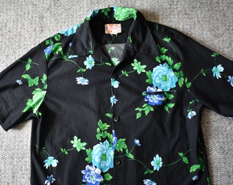 Vtg 60s 70s SEARS Hawaiian Fashions Black Polyester Flower Design Shirt Aloha L