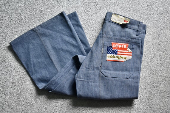 Vtg 70s LEVI'S 609 Big E Blue Chambray Flared Jeans Pants Vtg 70s LEVI'S 609 Big E Blue Chambray Flared Jeans Pants