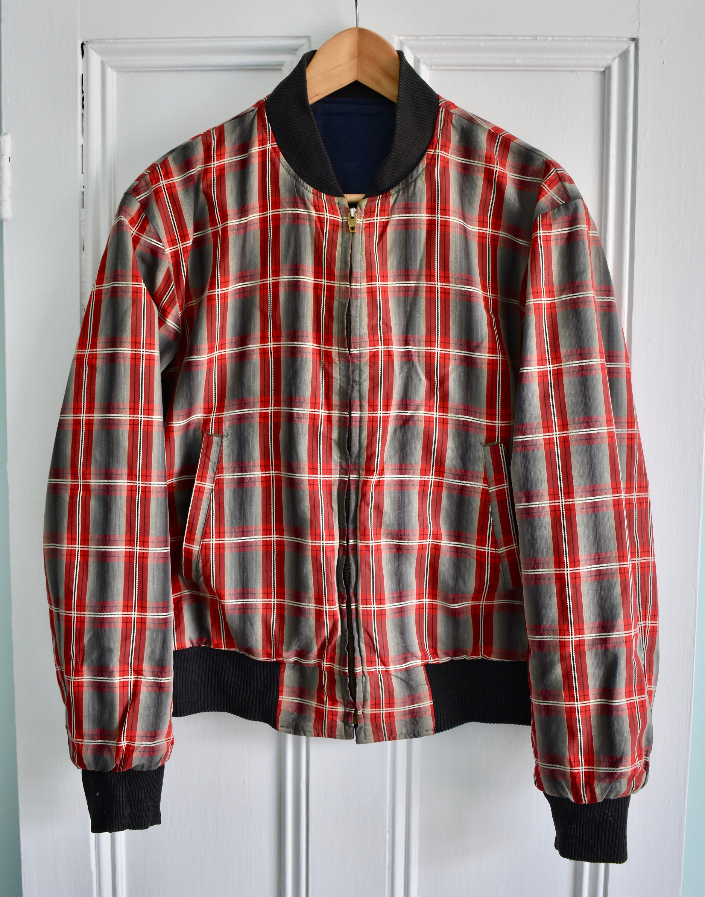 Image of Vtg 1950S Repro Style Eyes Toyo Enterprise Reversible Blue Cotton Twill & Red Plaid Ricky Rockabilly Bomber Jacket Americana Hollywood 38