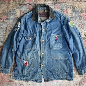 Vtg 60s 70s American Blue Denim Patched Blanket Lined Workwear Chore Coverall Jacket Barn Coat USA 44 XL